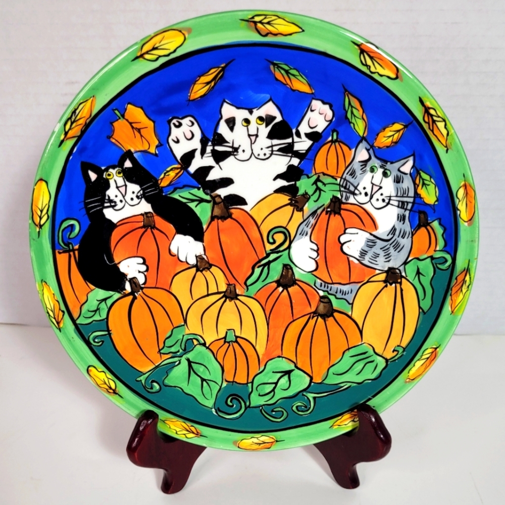 Vintage Catzilla Cats & Pumpkins Plate Candace Reiter 2002